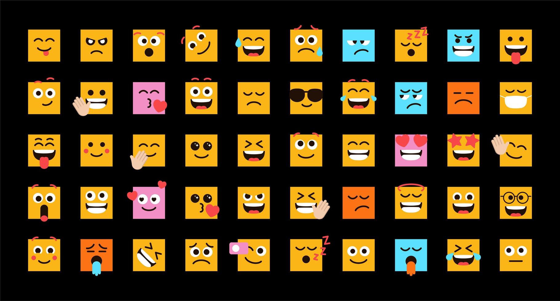 schattige emoticons in de vorm van vierkante gezichten vector set voor social media post en reactie. grappige emoji met gezichtsuitdrukkingen. vector illustratie
