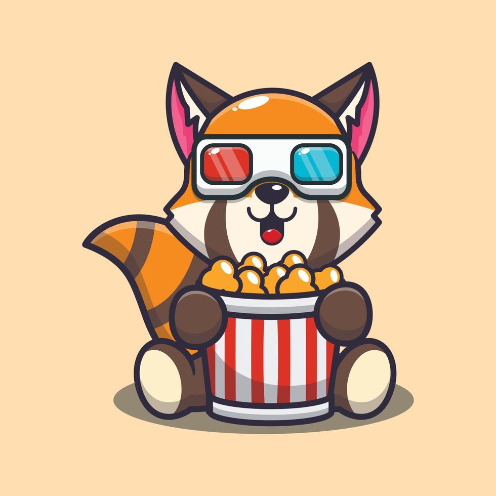 schattige rode panda die popcorn eet en 3D-film kijkt vector