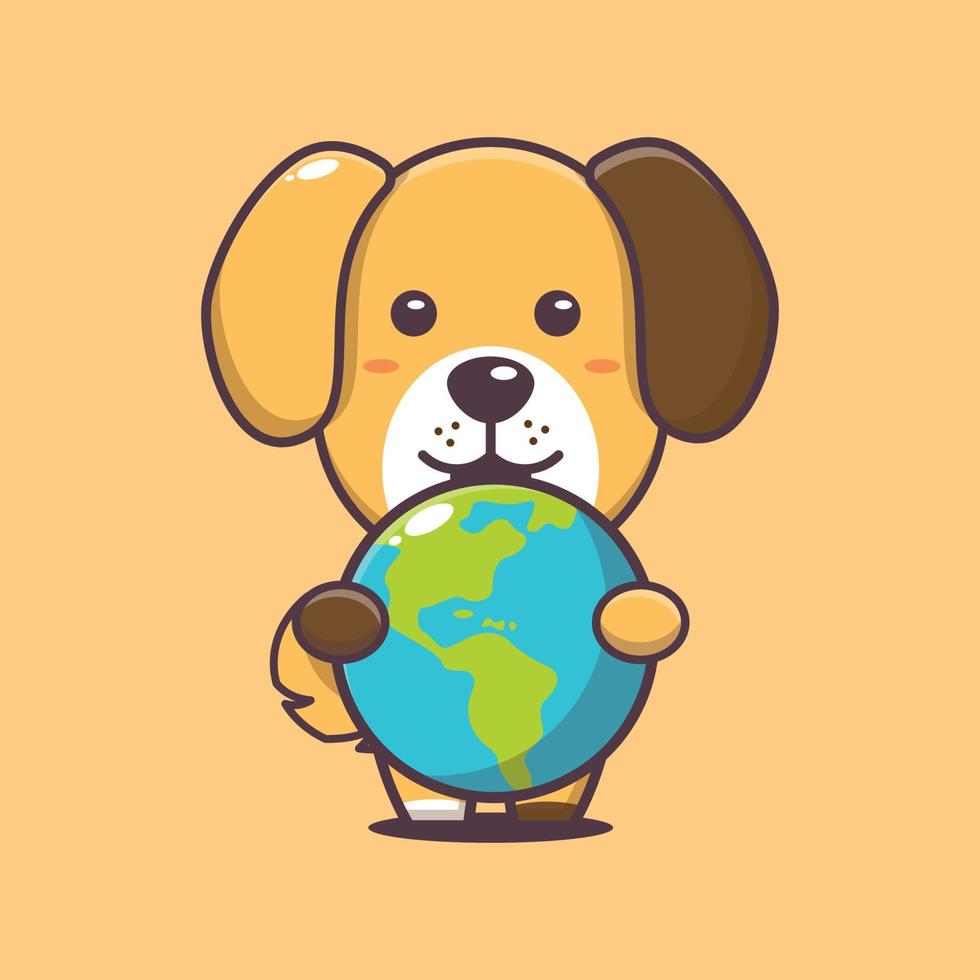 leuke cartoonillustratie van hond die de aarde knuffelt vector