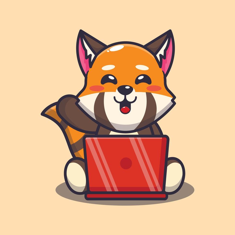 schattige rode panda met laptop cartoon vectorillustratie vector