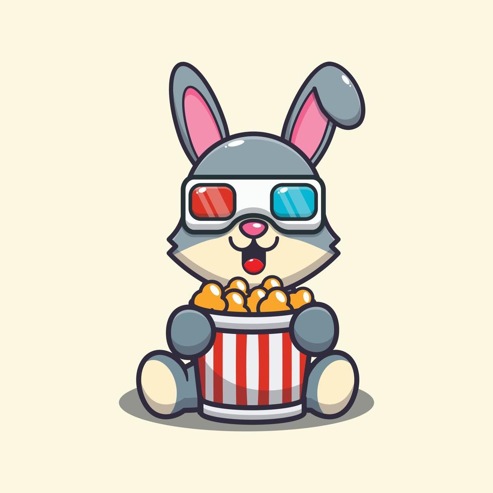 schattig konijn dat popcorn eet en 3D-film kijkt vector