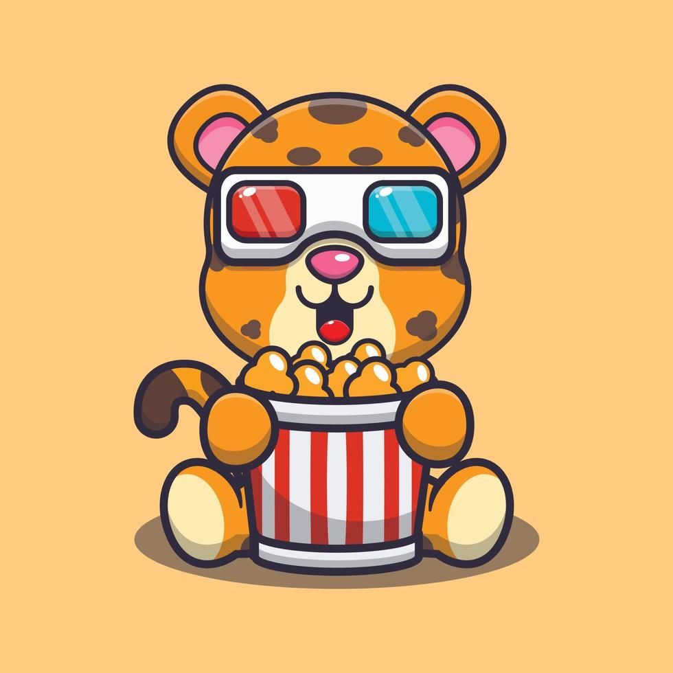 schattige luipaard die popcorn eet en 3D-film kijkt vector