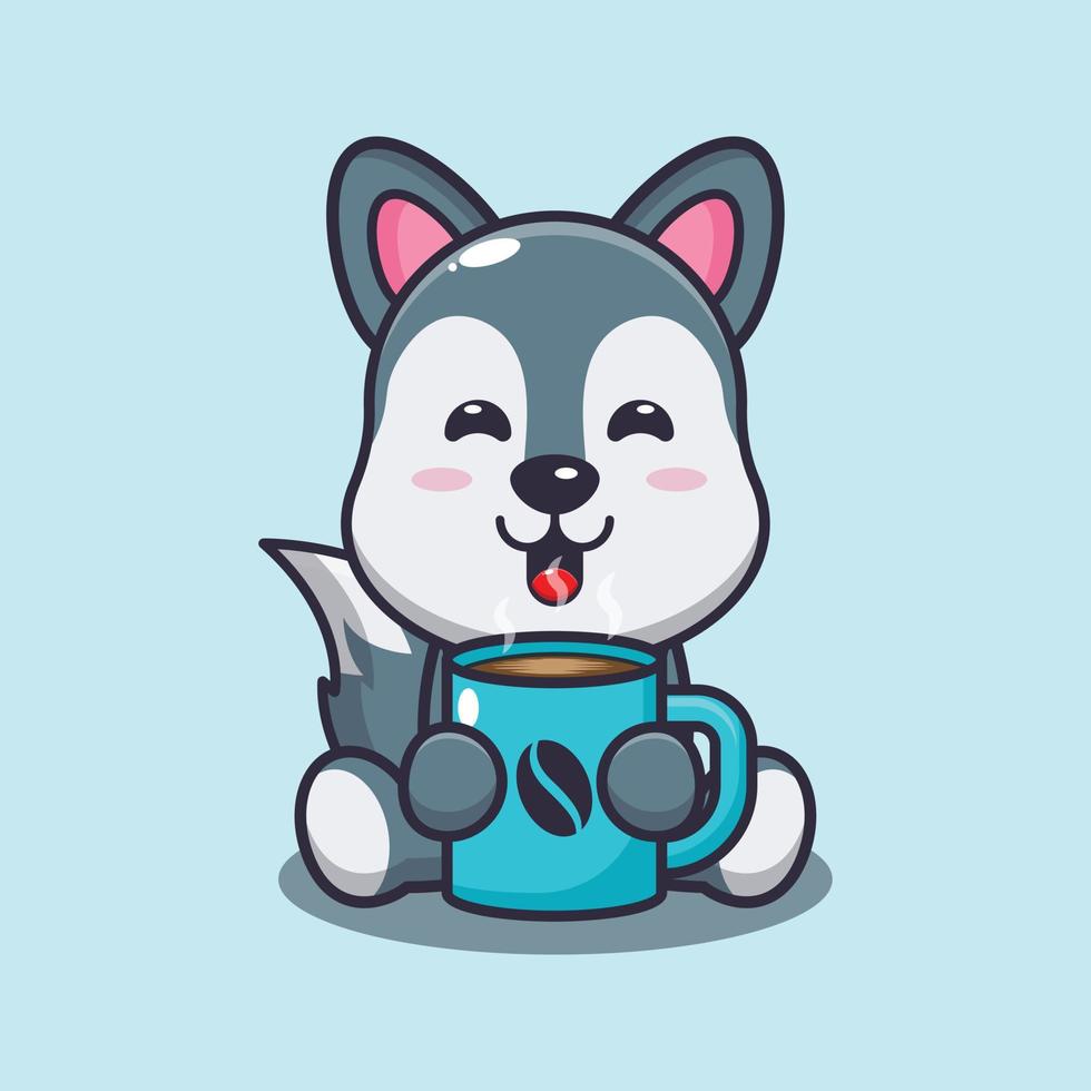 schattige wolf met warme koffie cartoon vectorillustratie vector