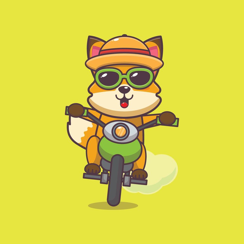 coole vos stripfiguur mascotte in zonnebril rijden motorfiets in zomerdag vector