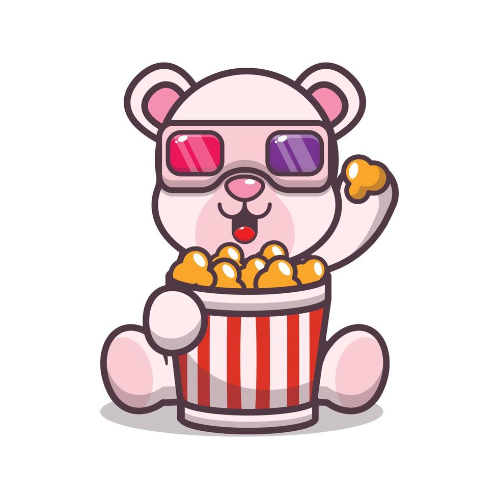 schattige ijsbeer die popcorn eet en 3D-film kijkt vector