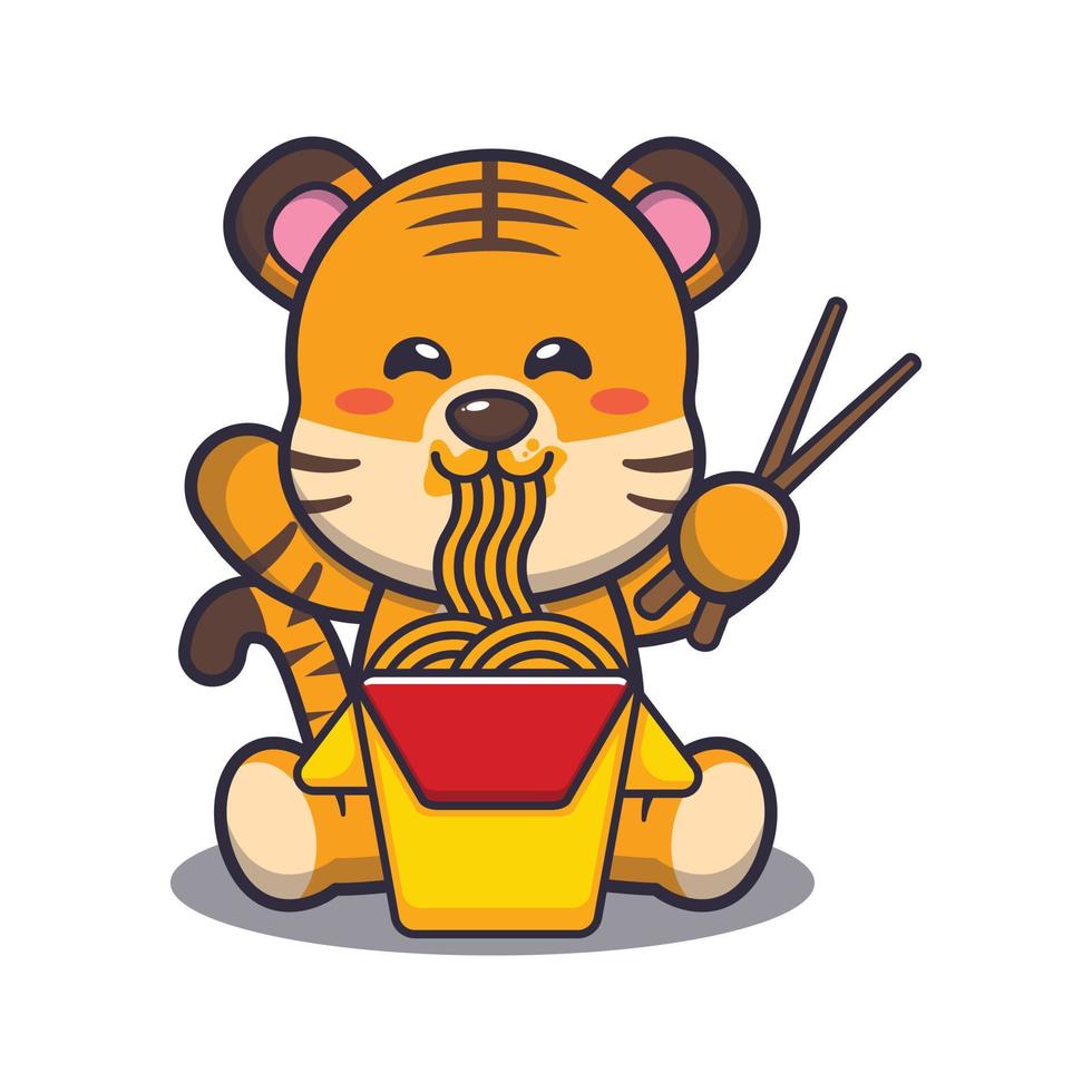 schattige tijger eten noodle cartoon vectorillustratie vector