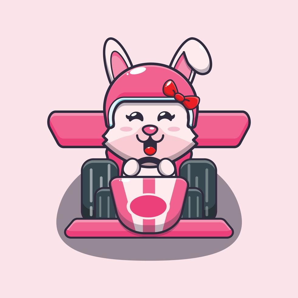 schattig konijntje mascotte stripfiguur rijden raceauto vector