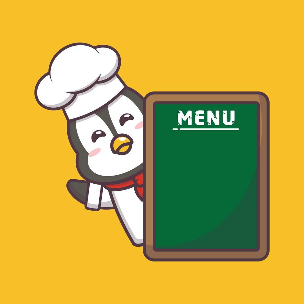 schattige pinguïn chef-kok cartoon mascotte illustratie met menubord vector
