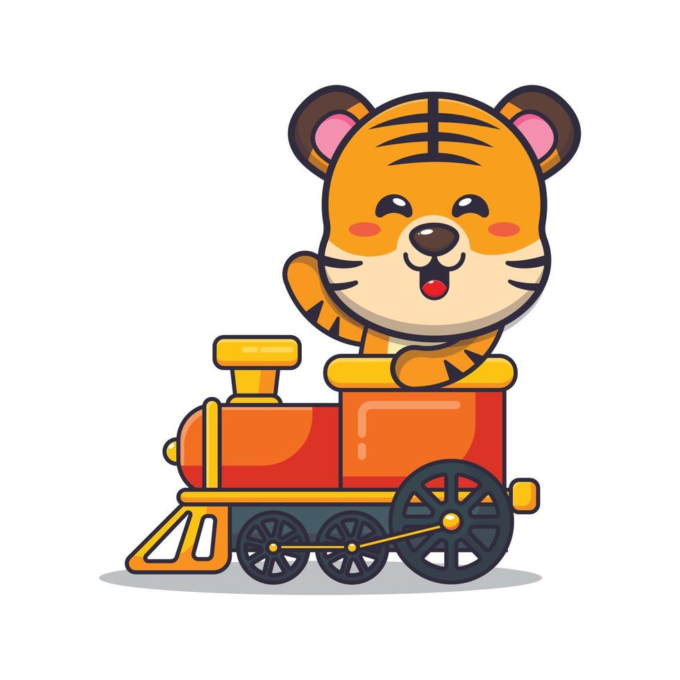 schattige tijger mascotte stripfiguur ritje op de trein vector