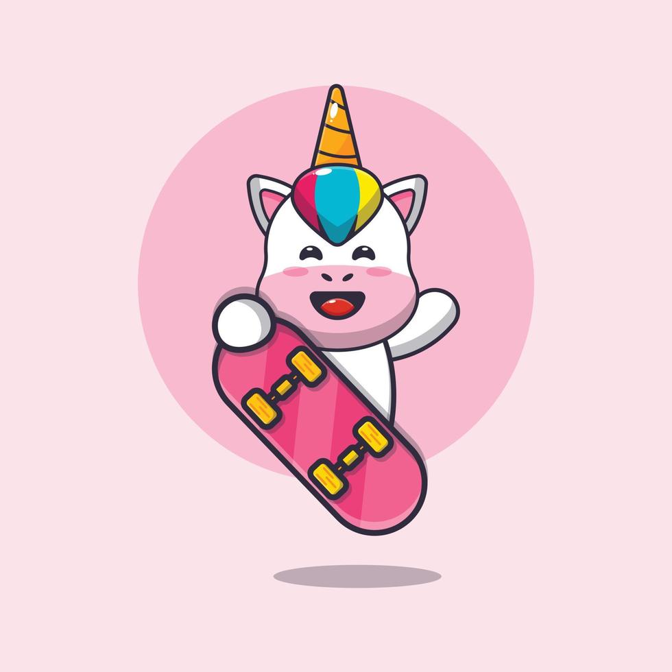 schattig eenhoorn mascotte stripfiguur met skateboard vector