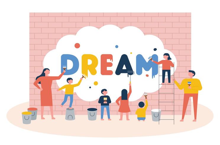 Kinderen schilderen het woord droom op een muur vector