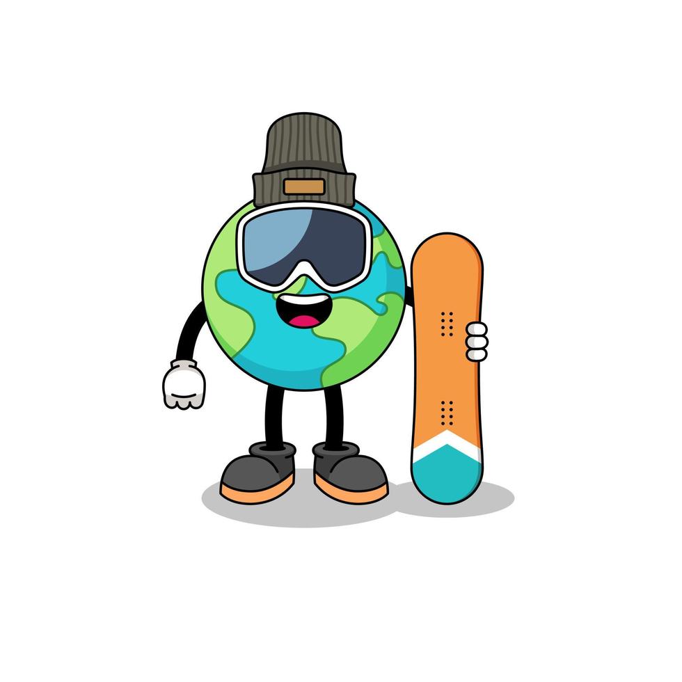 mascotte cartoon van aarde snowboard speler vector