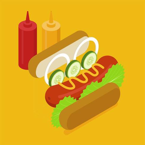 Het isometrische ontwerp van hotdogingrediënten. vector