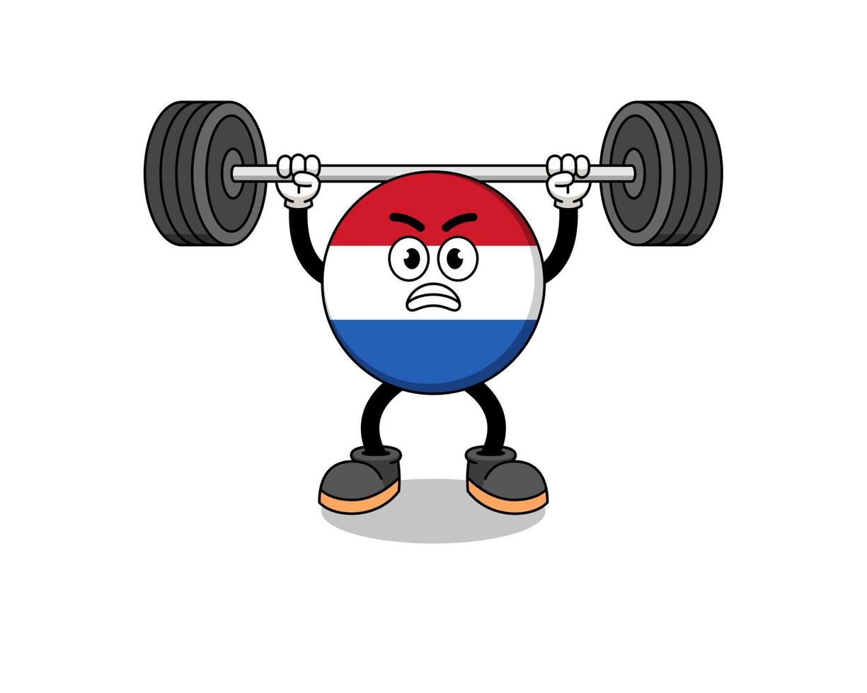 nederlandse vlag mascotte cartoon tillen van een barbell vector