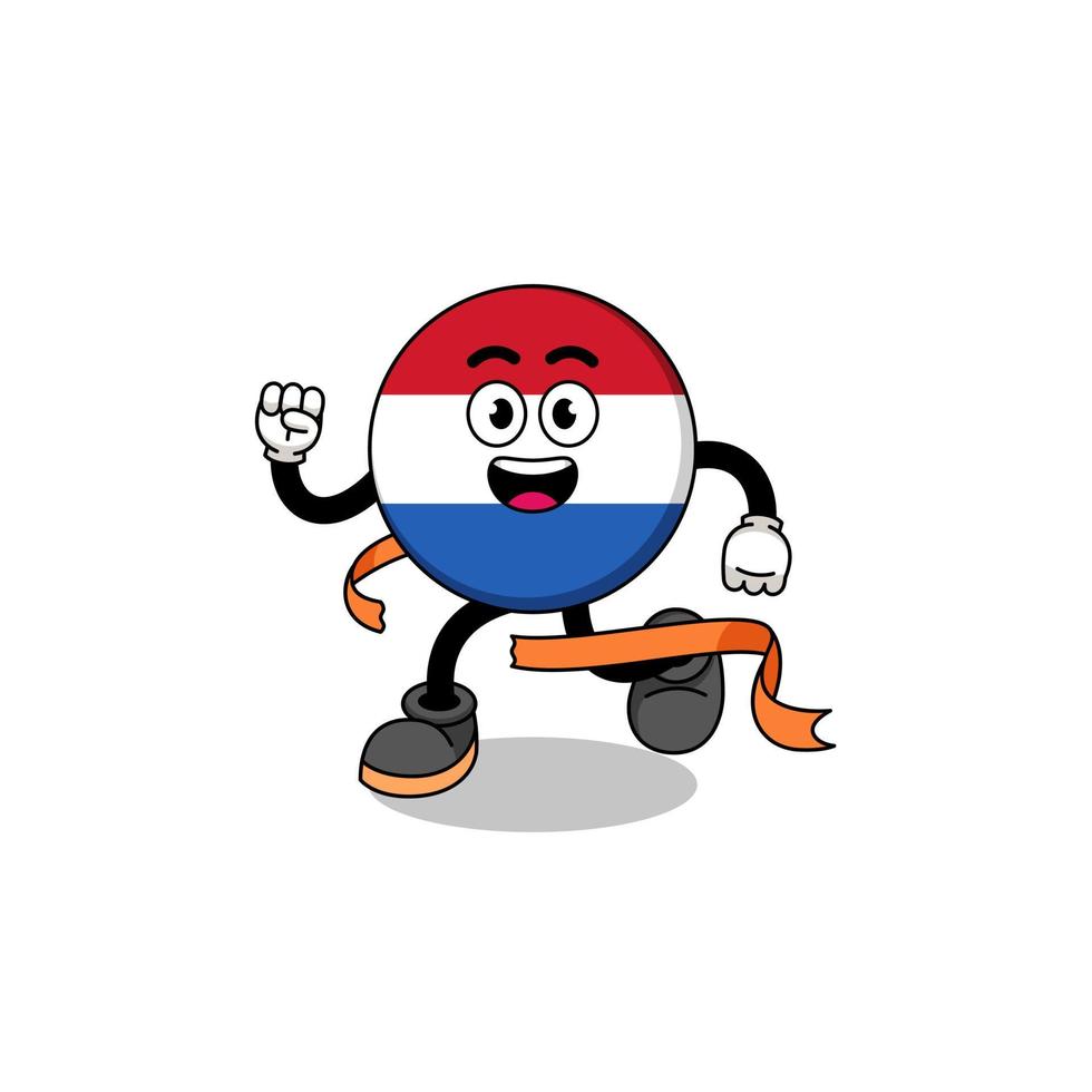 mascotte cartoon van nederlandse vlag die op de finishlijn loopt vector