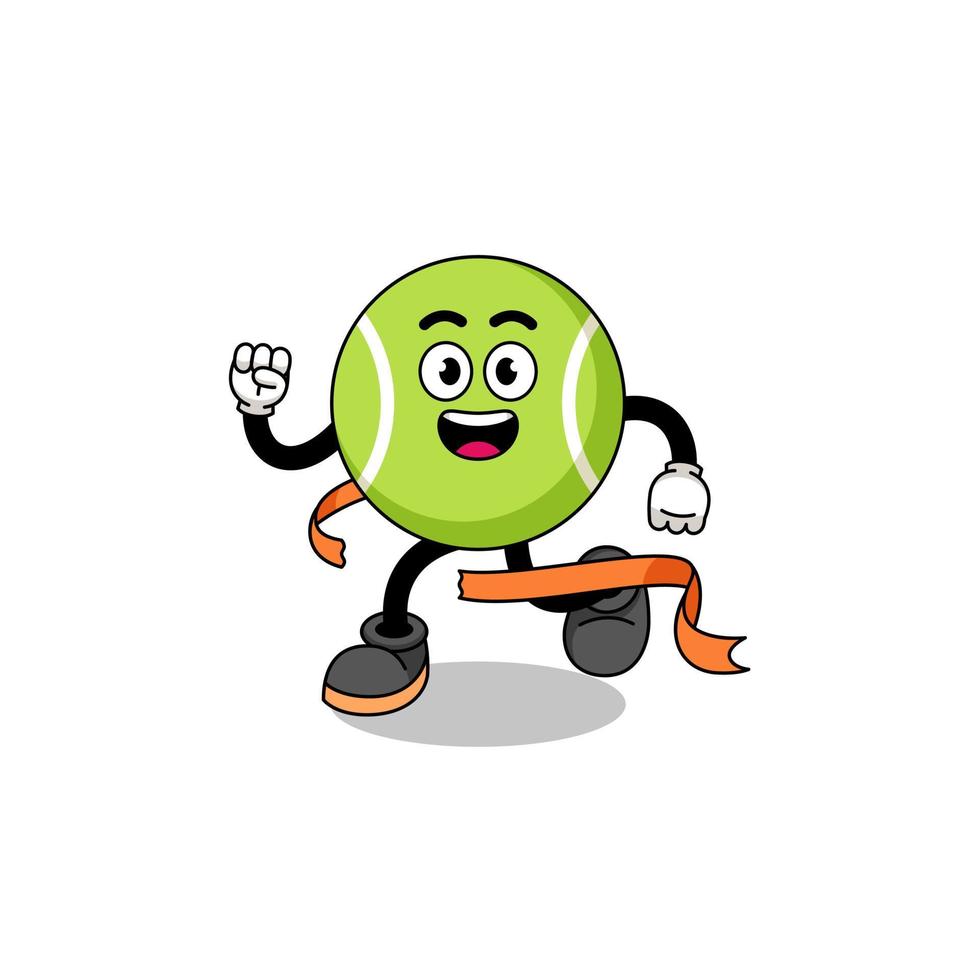 mascotte cartoon van tennisbal die op de finishlijn loopt vector