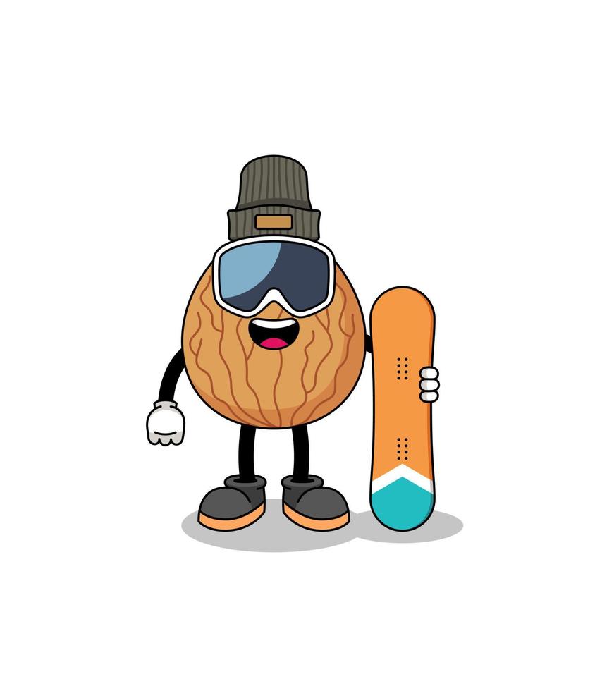 mascotte cartoon van amandel snowboard speler vector