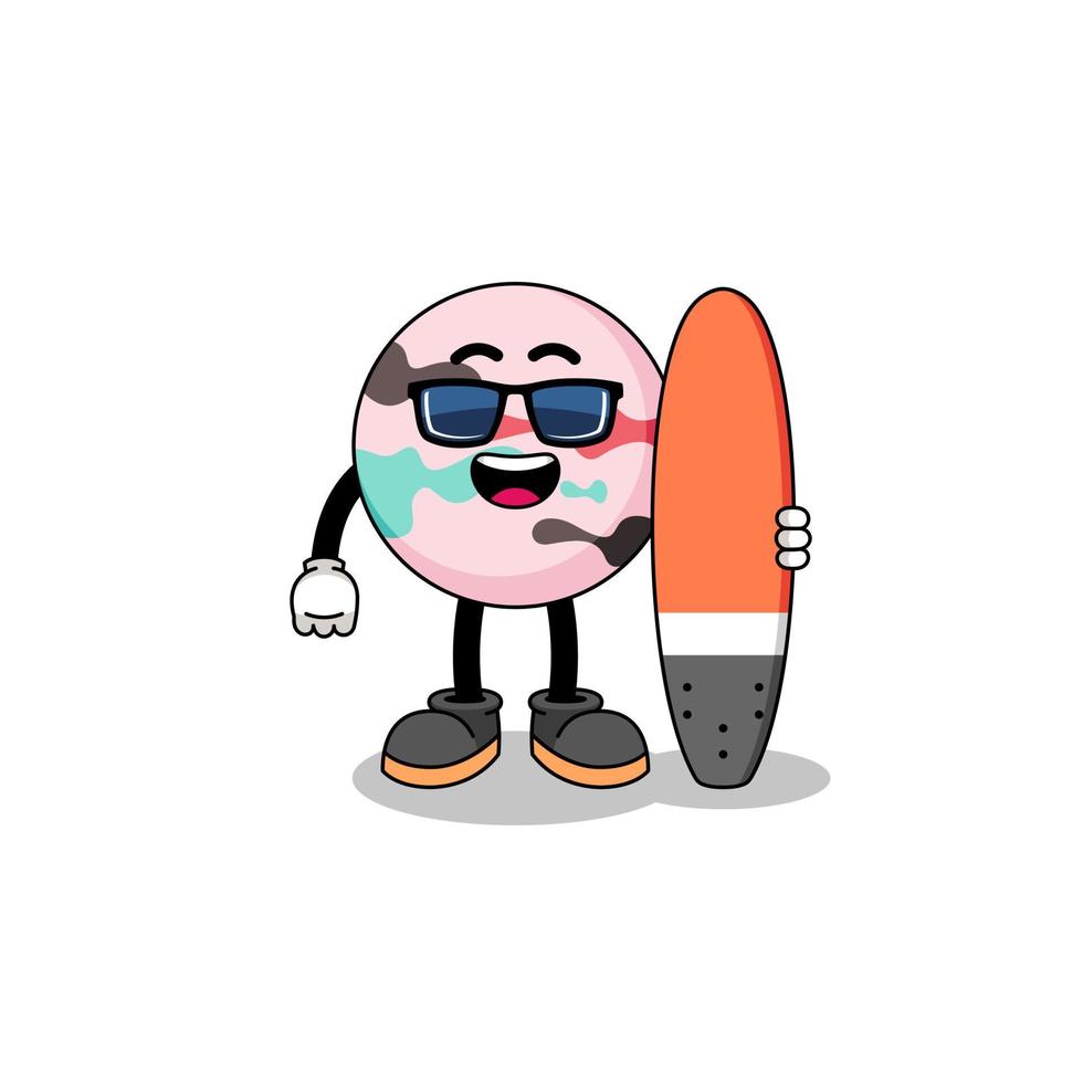 mascotte cartoon van bath bomb als surfer vector