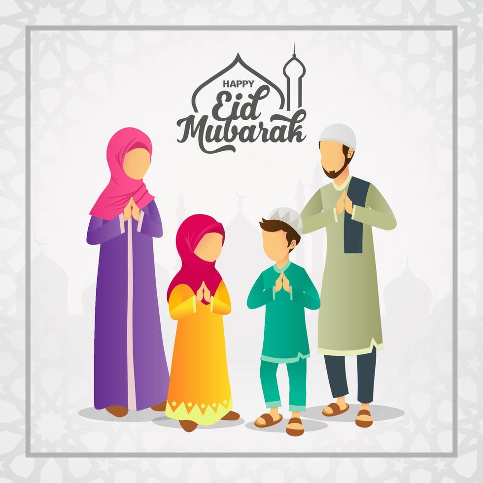 eid mubarak wenskaart. cartoon moslim familie vieren eid al fitr met moskee als achtergrond. vectorillustratie voor eid-wenskaart, spandoek en poster vector