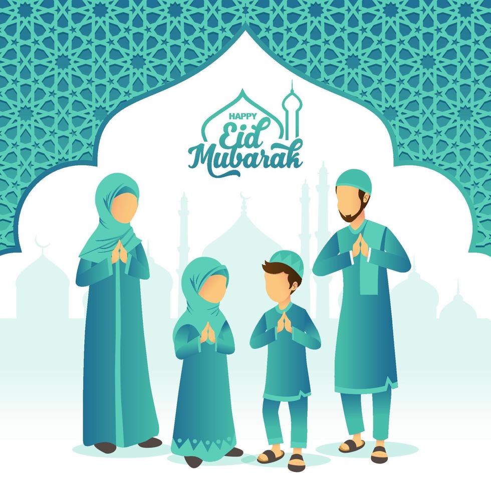 eid mubarak wenskaart. cartoon moslim familie vieren eid al fitr met moskee en arabisch frame op de achtergrond. vector