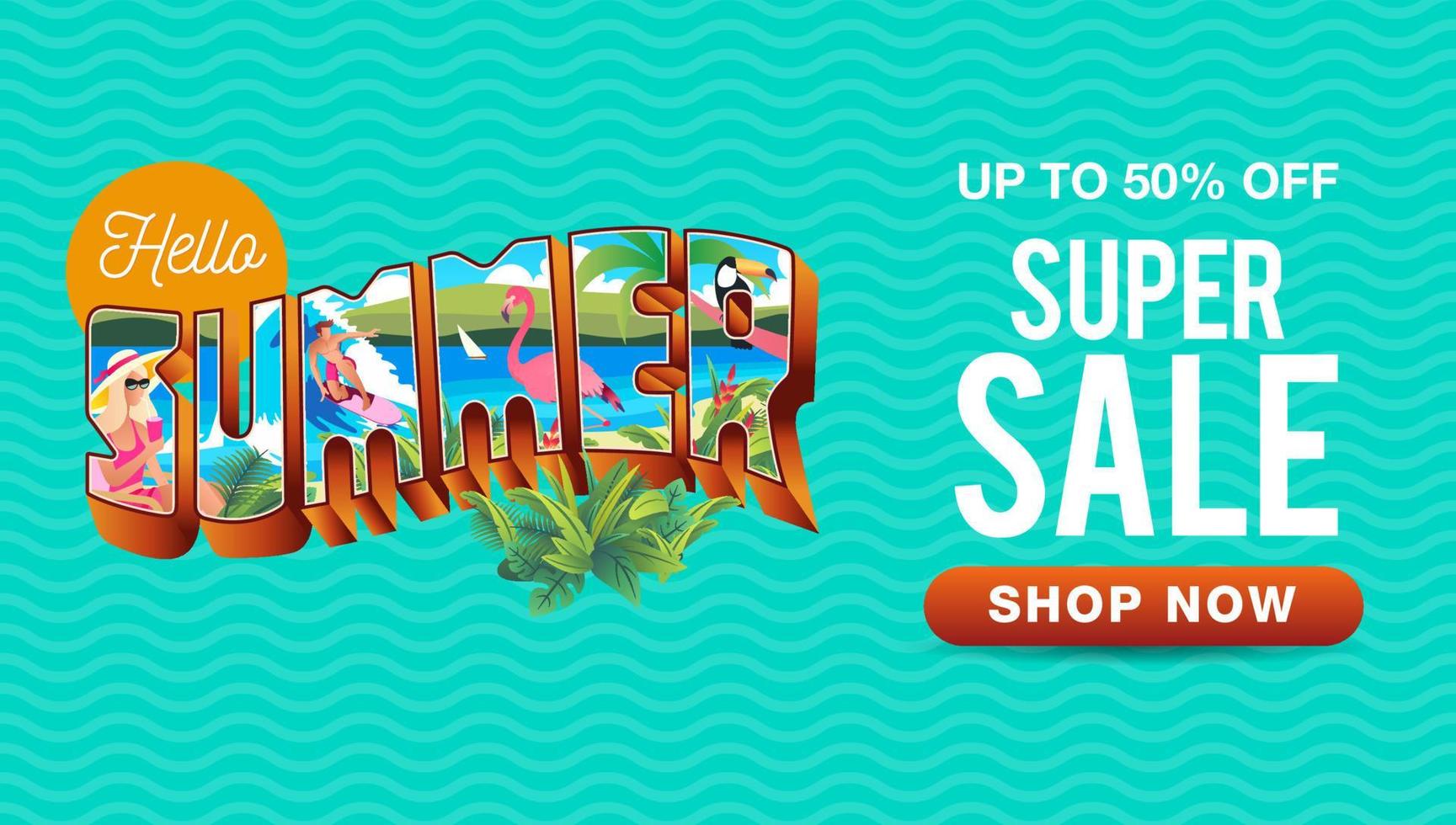 zomer verkoop banner met vintage zomervakantie briefkaart stijl en golven achtergrond. vector