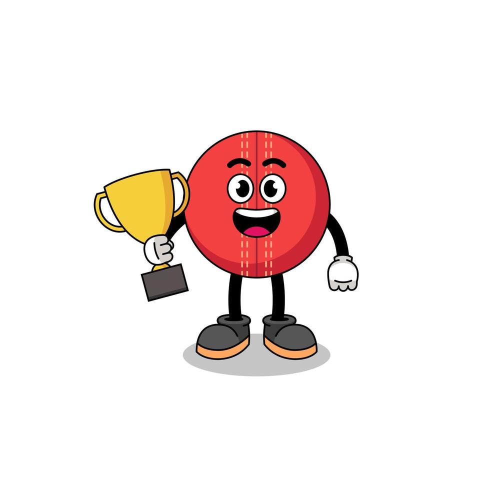 cartoon mascotte van cricket bal met een trofee vector