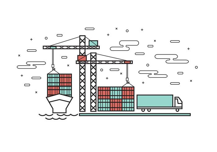 Vlakke lijn ontwerp van containerschip in industriële haven vector