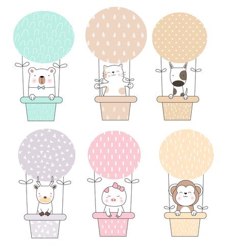 Schattige baby dieren in heteluchtballon set vector