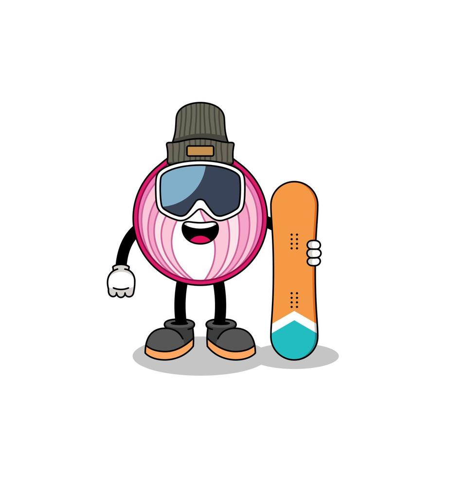 mascotte cartoon van gesneden ui snowboard speler vector