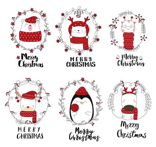 Merry Christmas schattige dieren in feestelijke Frames vector