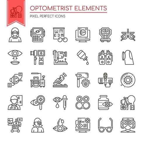 Set van dunne lijn zwart-wit optometrist pictogrammen vector