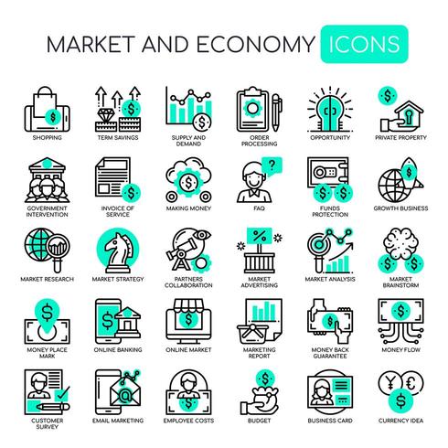 Set van groen zwart-wit dunne lijn markt- en economie-iconen vector