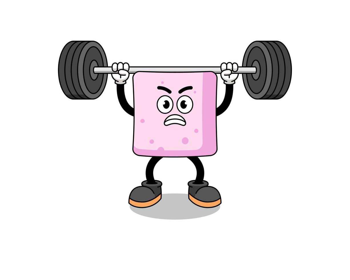 marshmallow mascotte cartoon optillen van een barbell vector