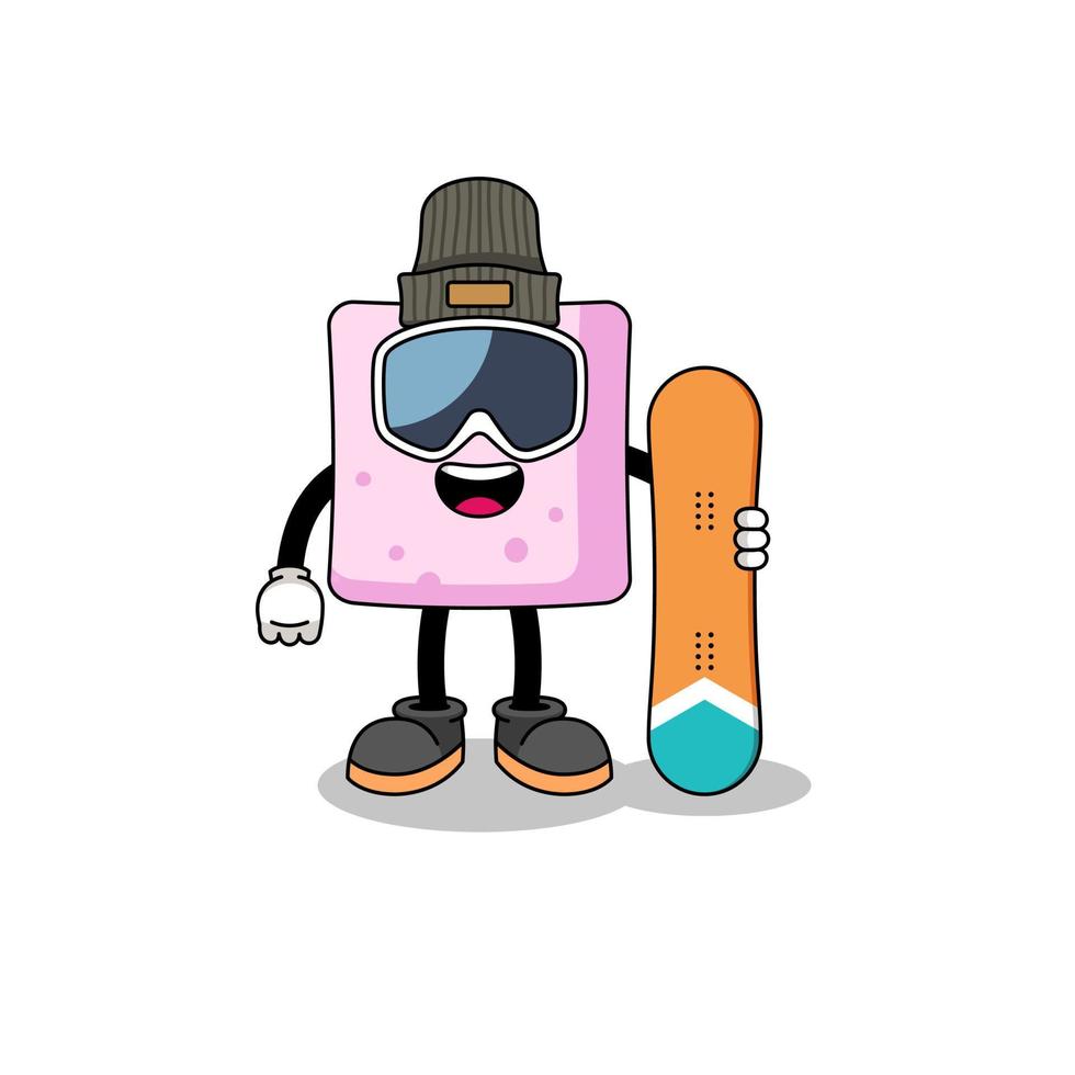 mascotte cartoon van marshmallow snowboard speler vector