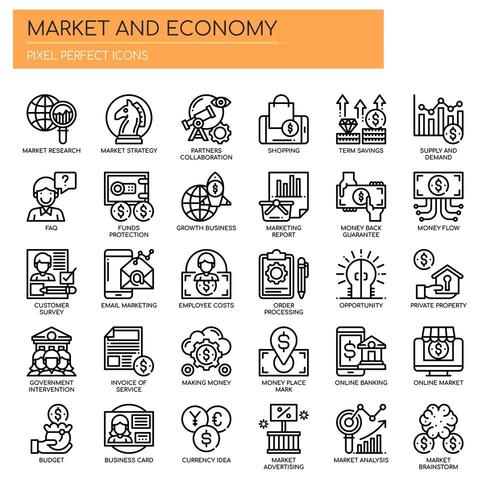 Set van zwart-wit dunne lijn markt- en economie-iconen vector