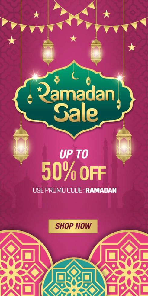 ramadan-uitverkoop, webkoptekst of bannerontwerp met gouden glanzend frame, Arabische lantaarns en islamitisch ornament vector