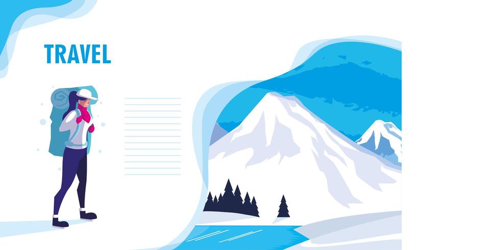 sneeuwlandschap met reiziger webpagina vector