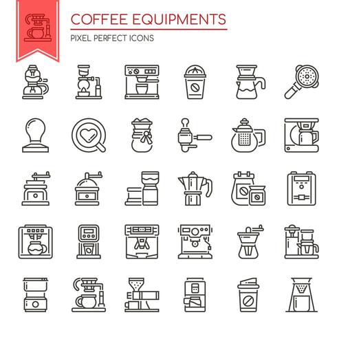 Set van zwart-wit dunne lijn koffie apparatuur iconen vector