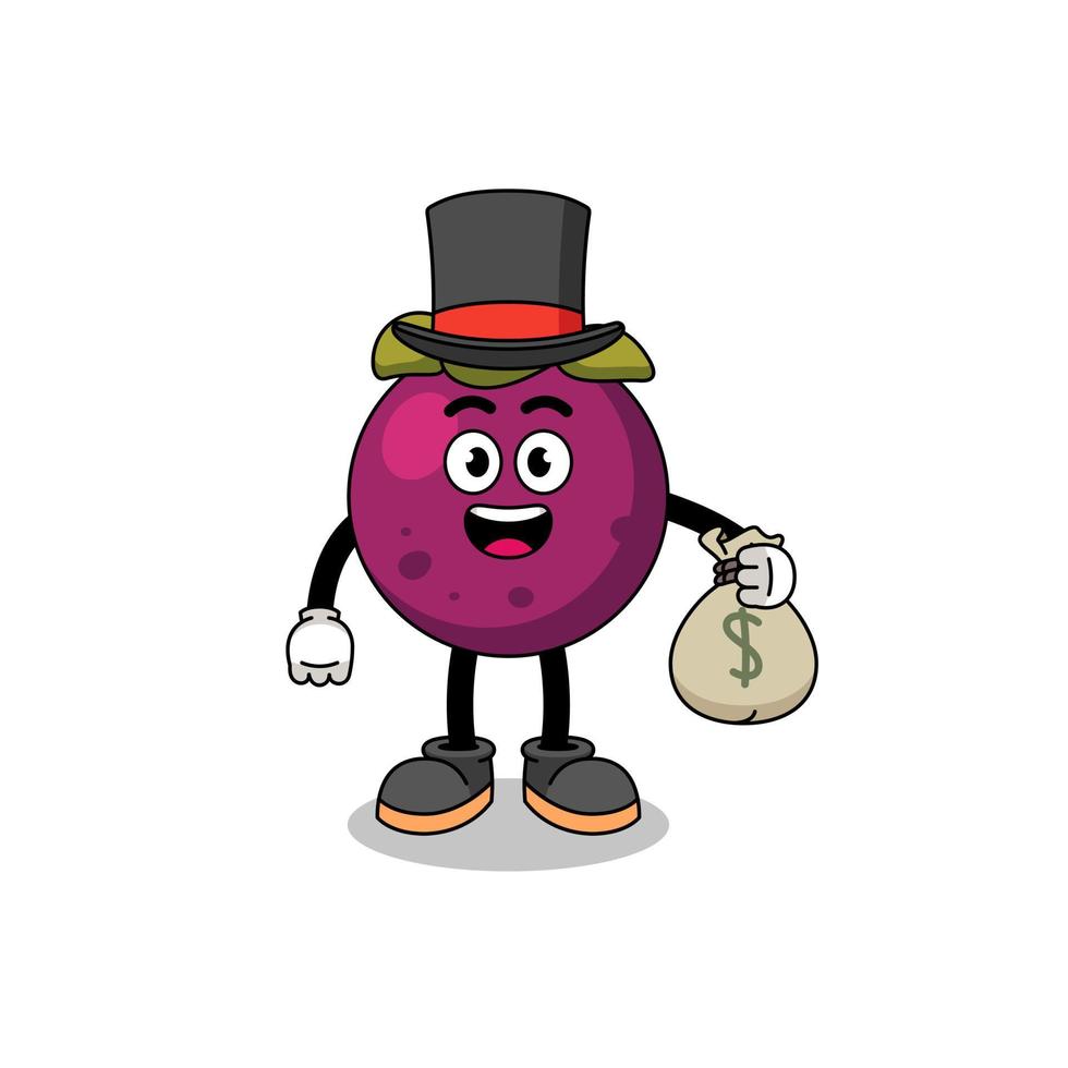 mangosteen mascotte illustratie rijke man met een geldzak vector