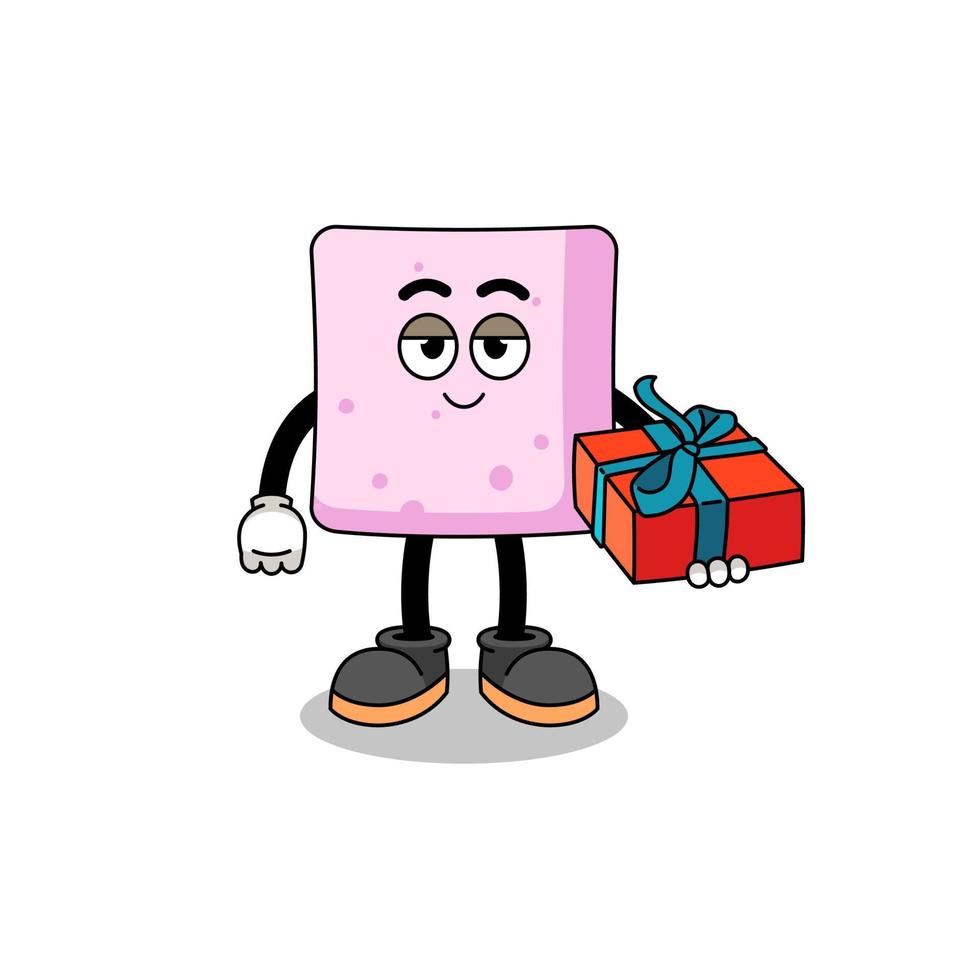 marshmallow mascotte illustratie geeft een cadeau vector