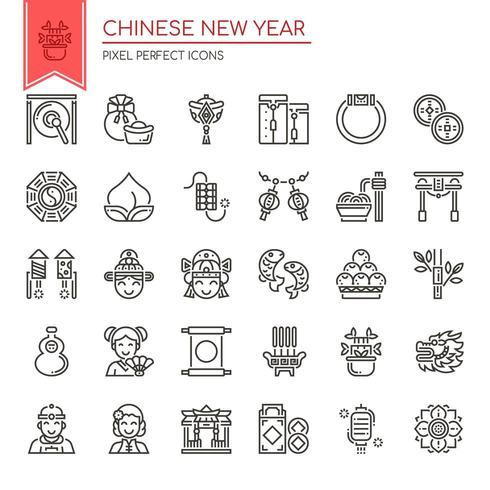 Set van zwart-wit dunne lijn Chinees Nieuwjaar iconen vector