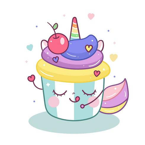 Leuke Eenhoorn cartoon in magische cupcake cartoon doodle vector