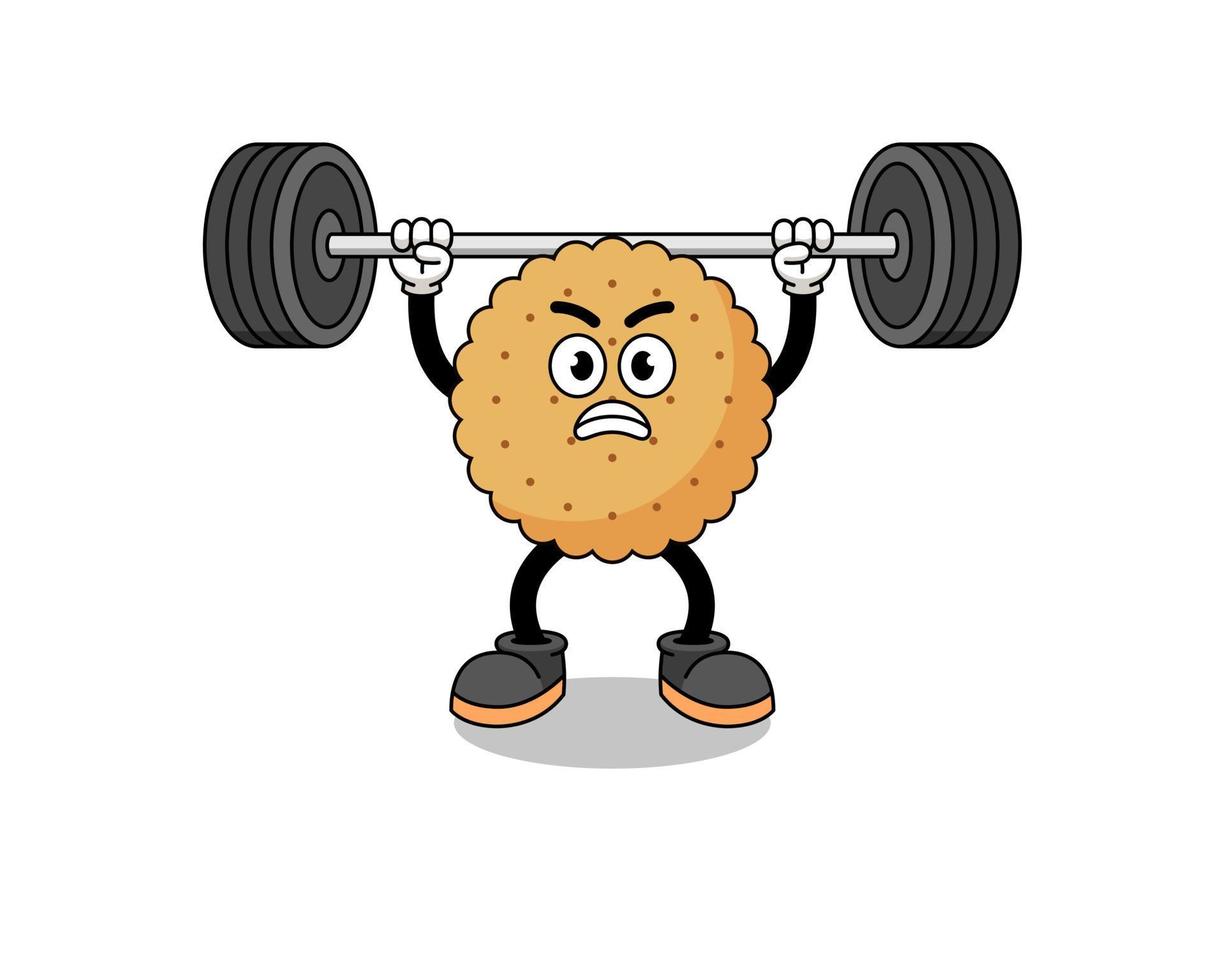 koekje ronde mascotte cartoon optillen van een barbell vector