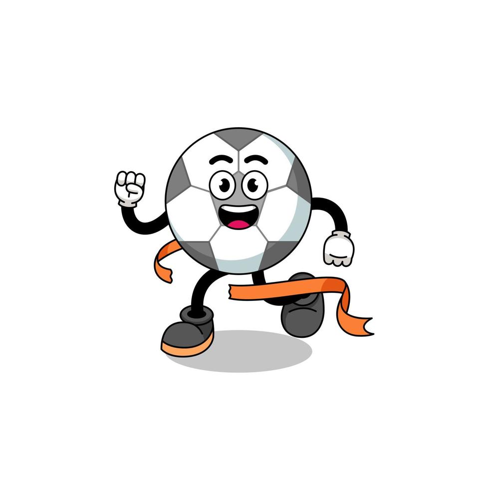 mascotte cartoon van voetbal die op de finishlijn loopt vector