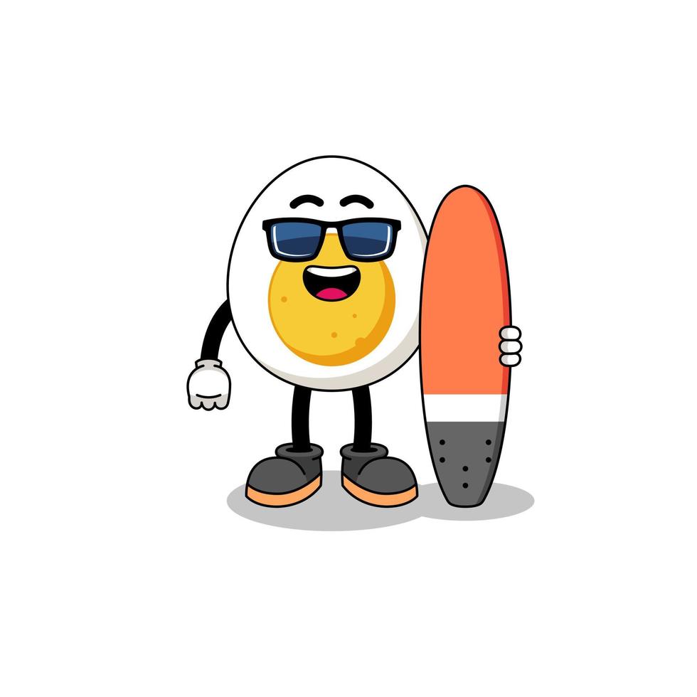 mascotte cartoon van gekookt ei als surfer vector