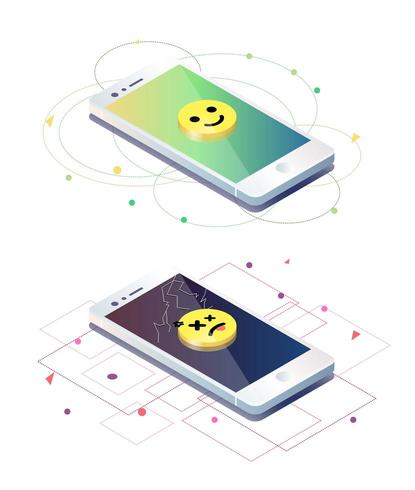 Eén afgebroken met trieste emoji en één onbeperkte mobiele telefoon met lachende emoji vector