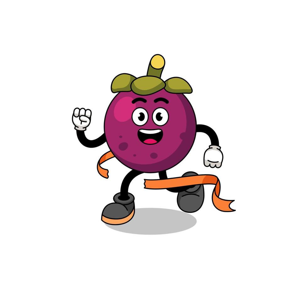 mascotte cartoon van mangosteen die op de finishlijn rent vector