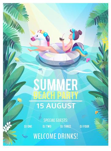 Zomer strand partij poster met vrouw in unicorn float vector