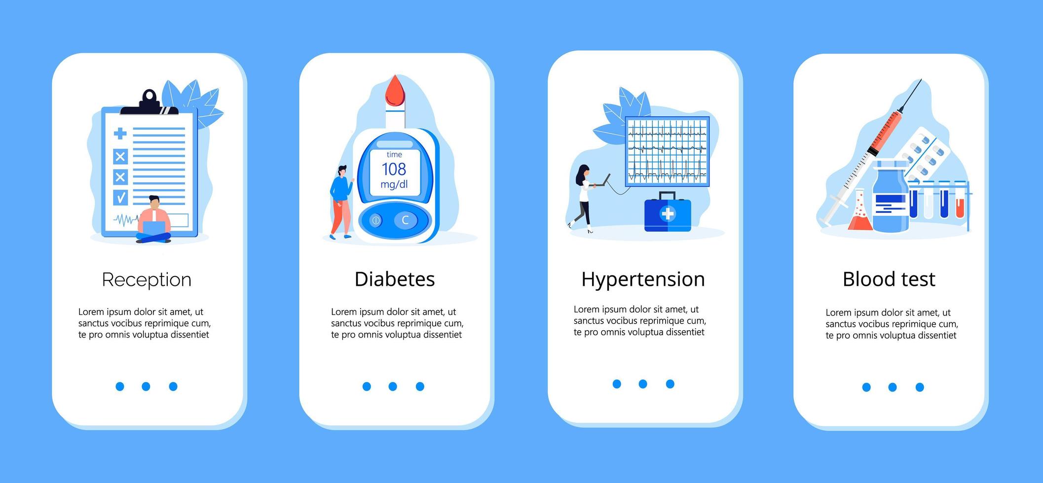 diabetes mellitus, type 2 diabetes en insulineproductie concept vector. app-sjablonen met vergrootglas en bloedglucosemeter. vector
