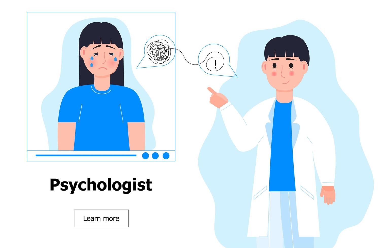 online psycholoog concept vector. jonge depressieve mens krijgt professioneel psychologisch consult. depressie, verdriet, geestelijke gezondheid illustratie in vlakke stijl. online, hulpdienst vector